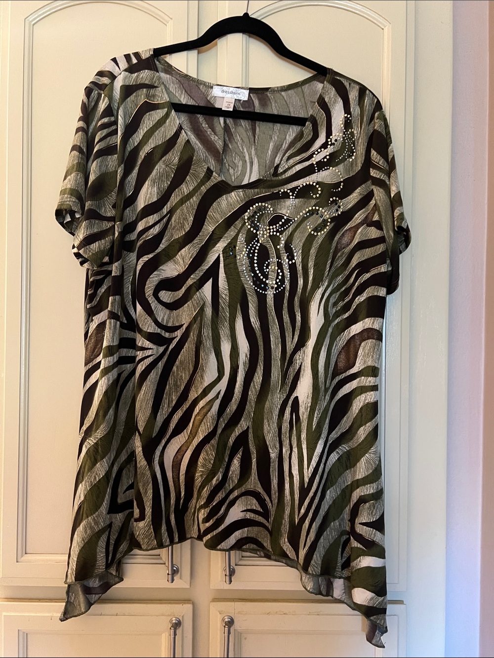 Dress Barn Olive Green Black Zebra Print Short Sleeve Top with Rhinestones